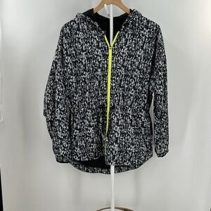 Fabletics Hooded Windbreaker Jacket Medium Black Gray Camo Neon Zip Athletic